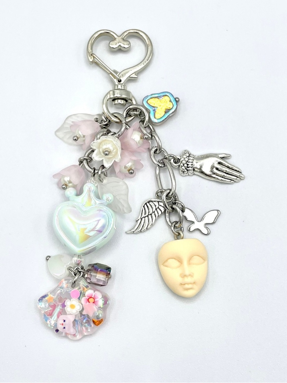 iridescent heart & charm cluster keychain with doll face ~ cottage core, y2k